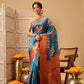 Woven Banarasi Soft Silk Heritage Blue Saree With Floral Digital Print