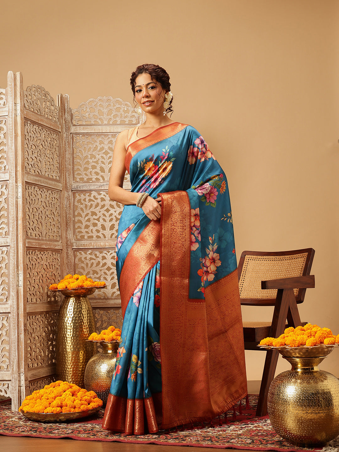 Woven Banarasi Soft Silk Heritage Blue Saree With Floral Digital Print