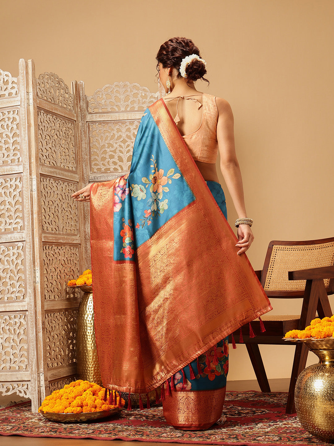 Woven Banarasi Soft Silk Heritage Blue Saree With Floral Digital Print