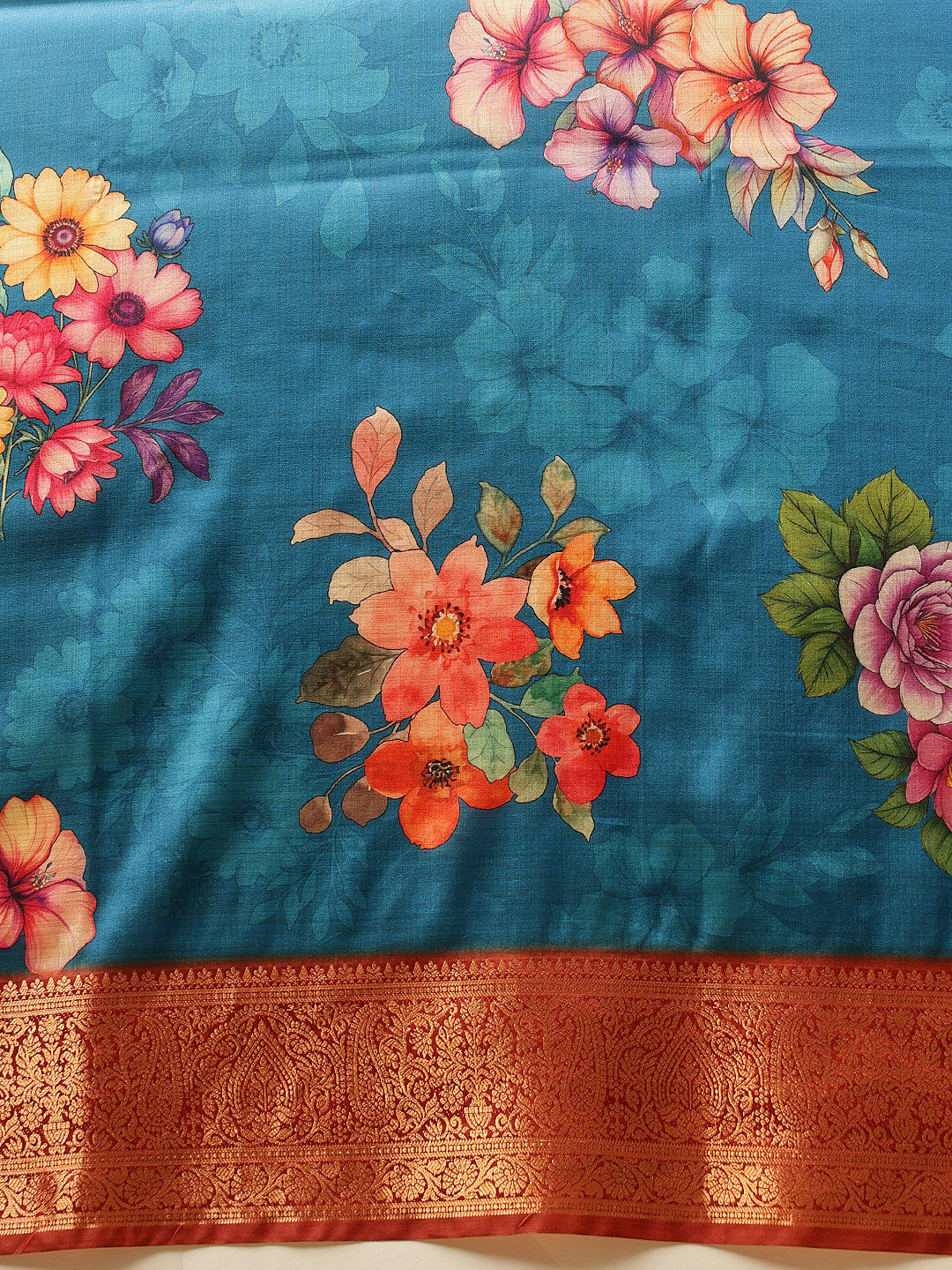Woven Banarasi Soft Silk Heritage Blue Saree With Floral Digital Print