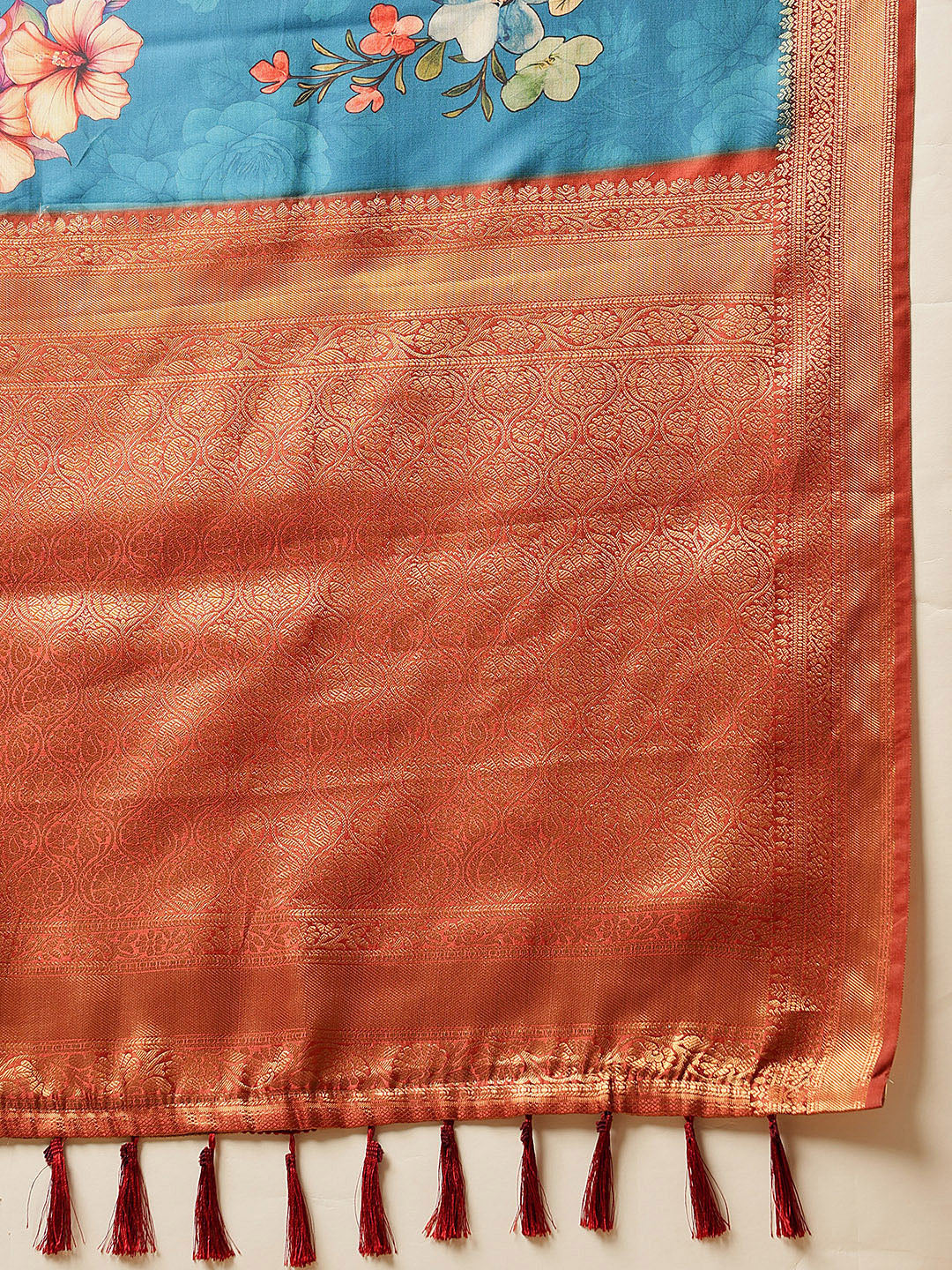 Woven Banarasi Soft Silk Heritage Blue Saree With Floral Digital Print