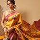 Mustard Yellow Zari Woven Banarasi Soft Silk Saree With Floral Digital Print