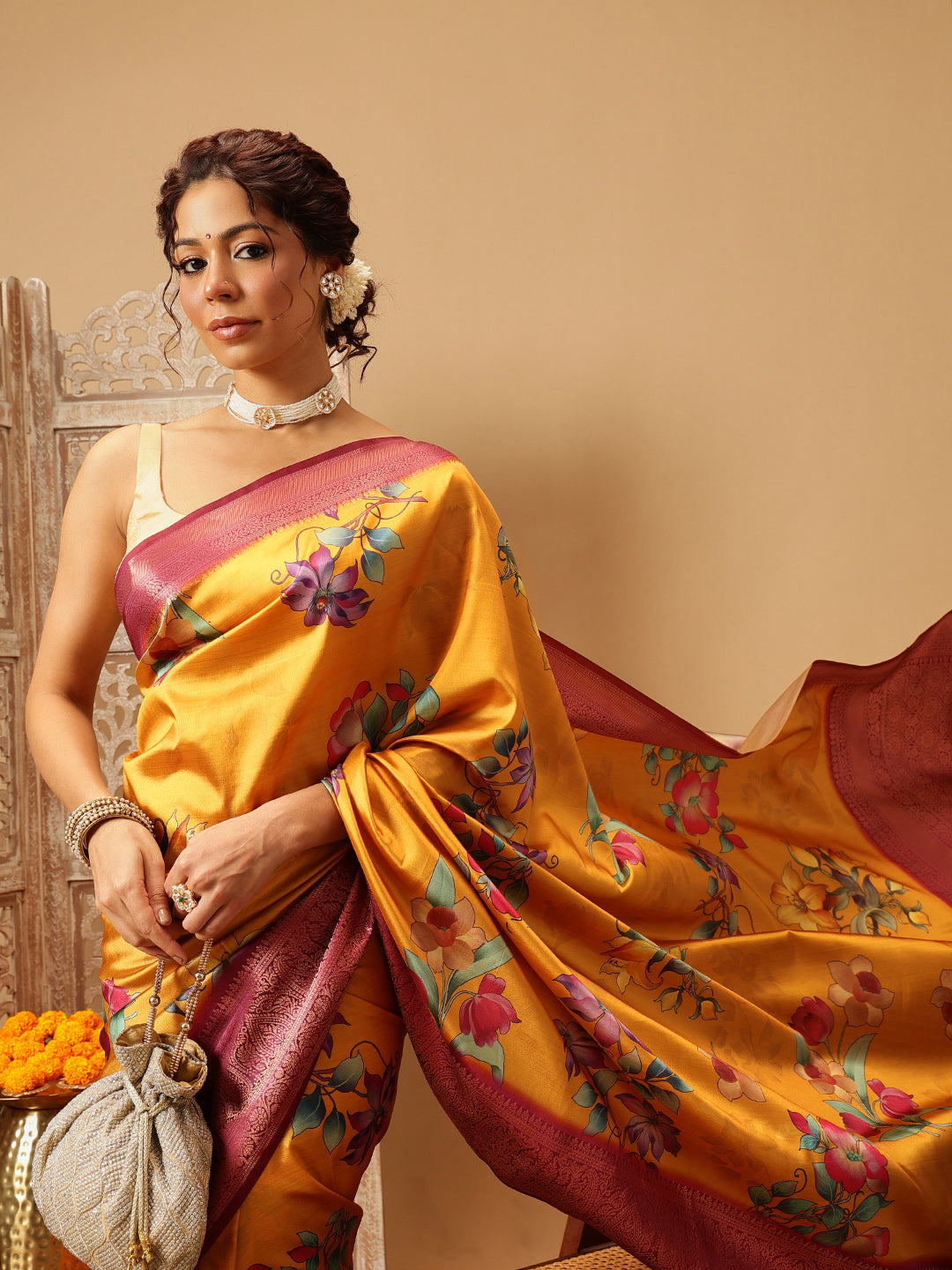 Mustard Yellow Zari Woven Banarasi Soft Silk Saree With Floral Digital Print