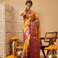 Mustard Yellow Zari Woven Banarasi Soft Silk Saree With Floral Digital Print