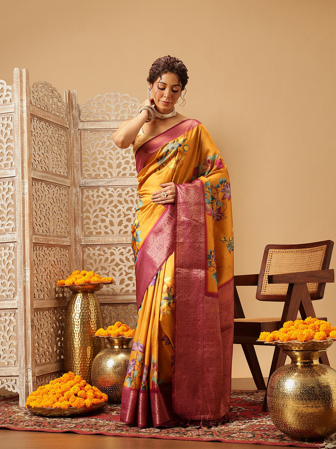 Mustard Yellow Zari Woven Banarasi Soft Silk Saree With Floral Digital Print
