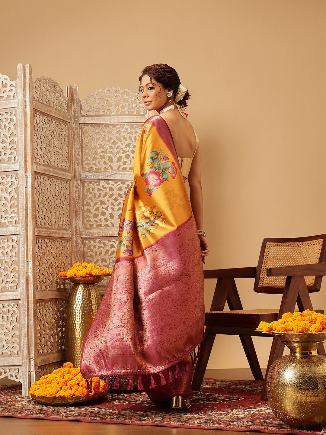 Mustard Yellow Zari Woven Banarasi Soft Silk Saree With Floral Digital Print