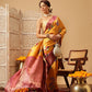 Mustard Yellow Zari Woven Banarasi Soft Silk Saree With Floral Digital Print