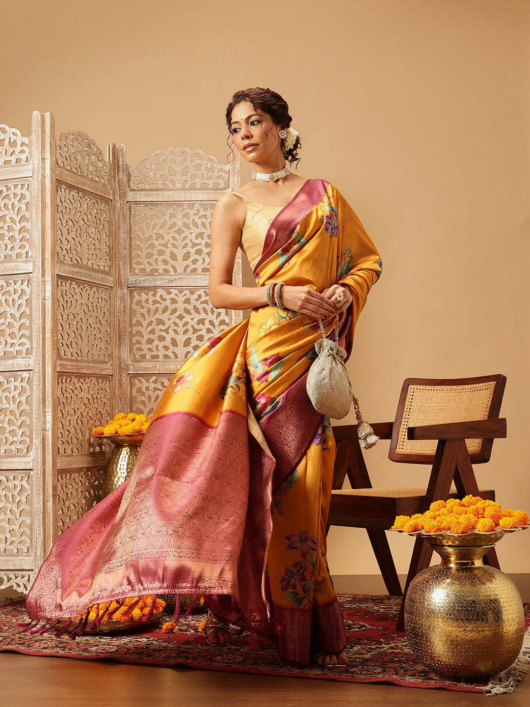 Mustard Yellow Zari Woven Banarasi Soft Silk Saree With Floral Digital Print