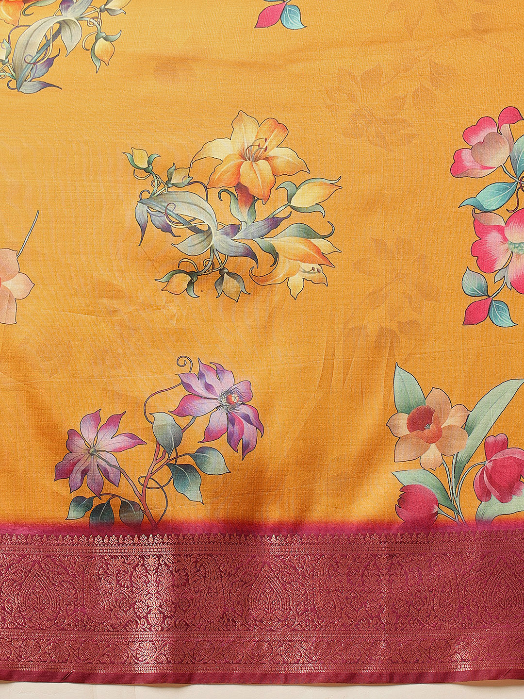 Mustard Yellow Zari Woven Banarasi Soft Silk Saree With Floral Digital Print