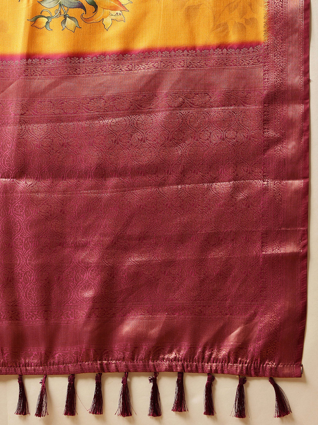 Mustard Yellow Zari Woven Banarasi Soft Silk Saree With Floral Digital Print