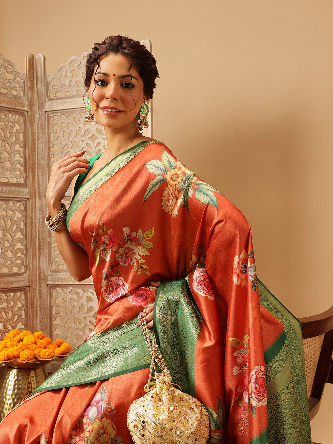 Woven Banarasi Soft Silk Saree With Floral Digital Print
