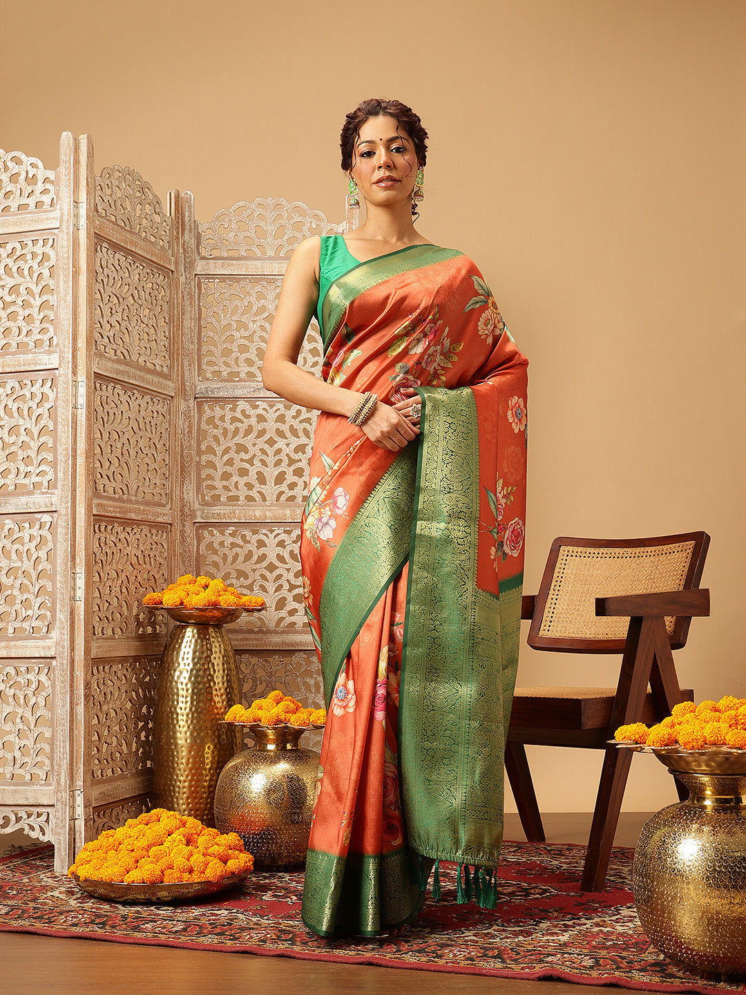 Woven Banarasi Soft Silk Saree With Floral Digital Print