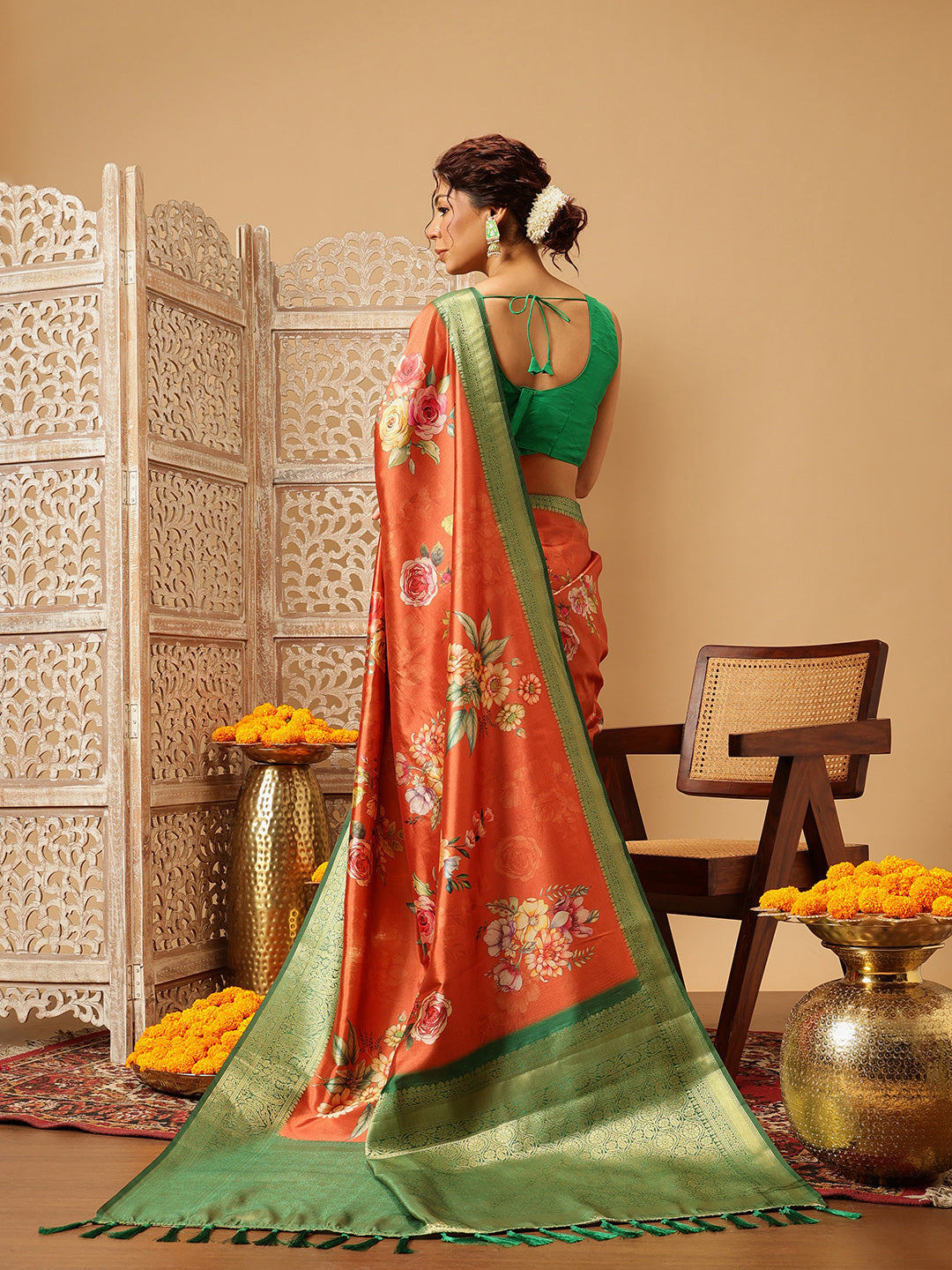 Woven Banarasi Soft Silk Saree With Floral Digital Print