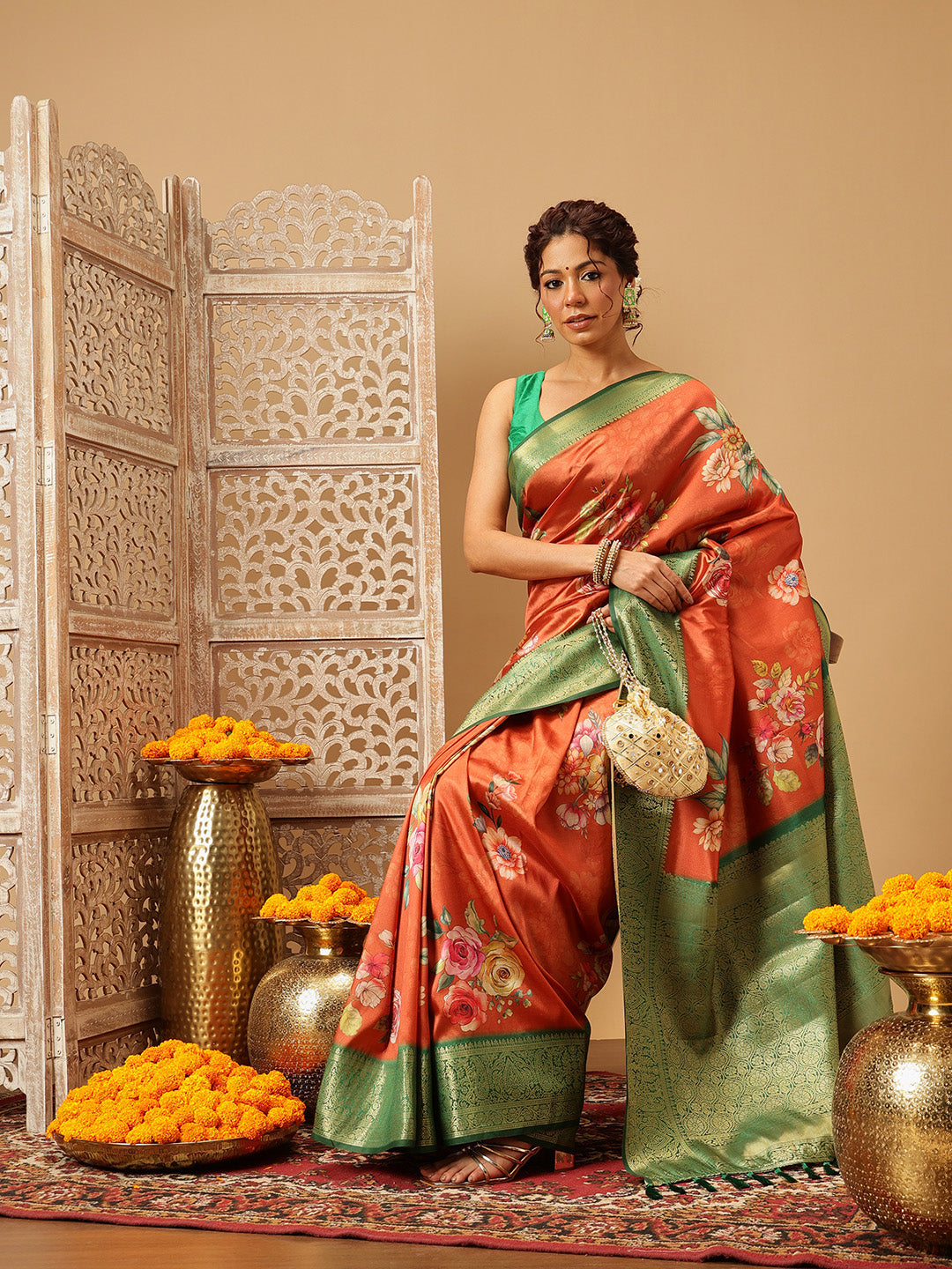 Woven Banarasi Soft Silk Saree With Floral Digital Print