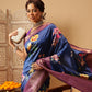 Royal Blue Zari Woven Banarasi Soft Silk Saree With Floral Digital Print