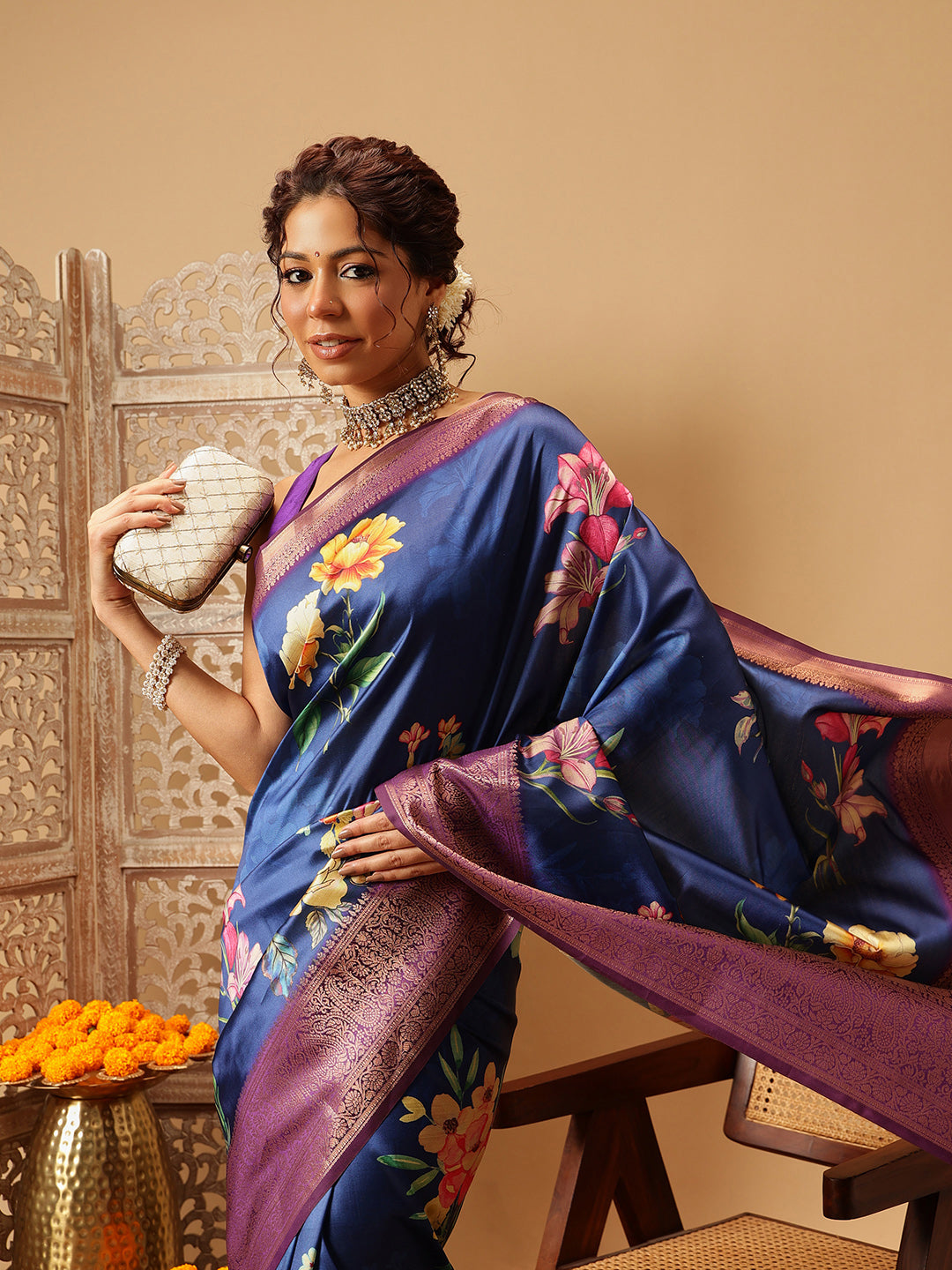 Royal Blue Zari Woven Banarasi Soft Silk Saree With Floral Digital Print