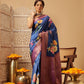 Royal Blue Zari Woven Banarasi Soft Silk Saree With Floral Digital Print