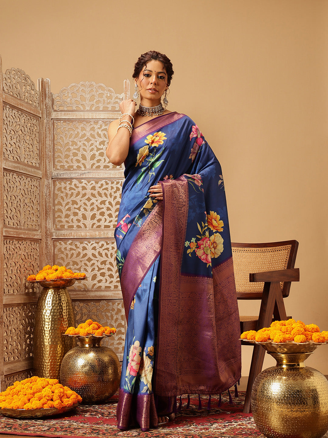 Royal Blue Zari Woven Banarasi Soft Silk Saree With Floral Digital Print