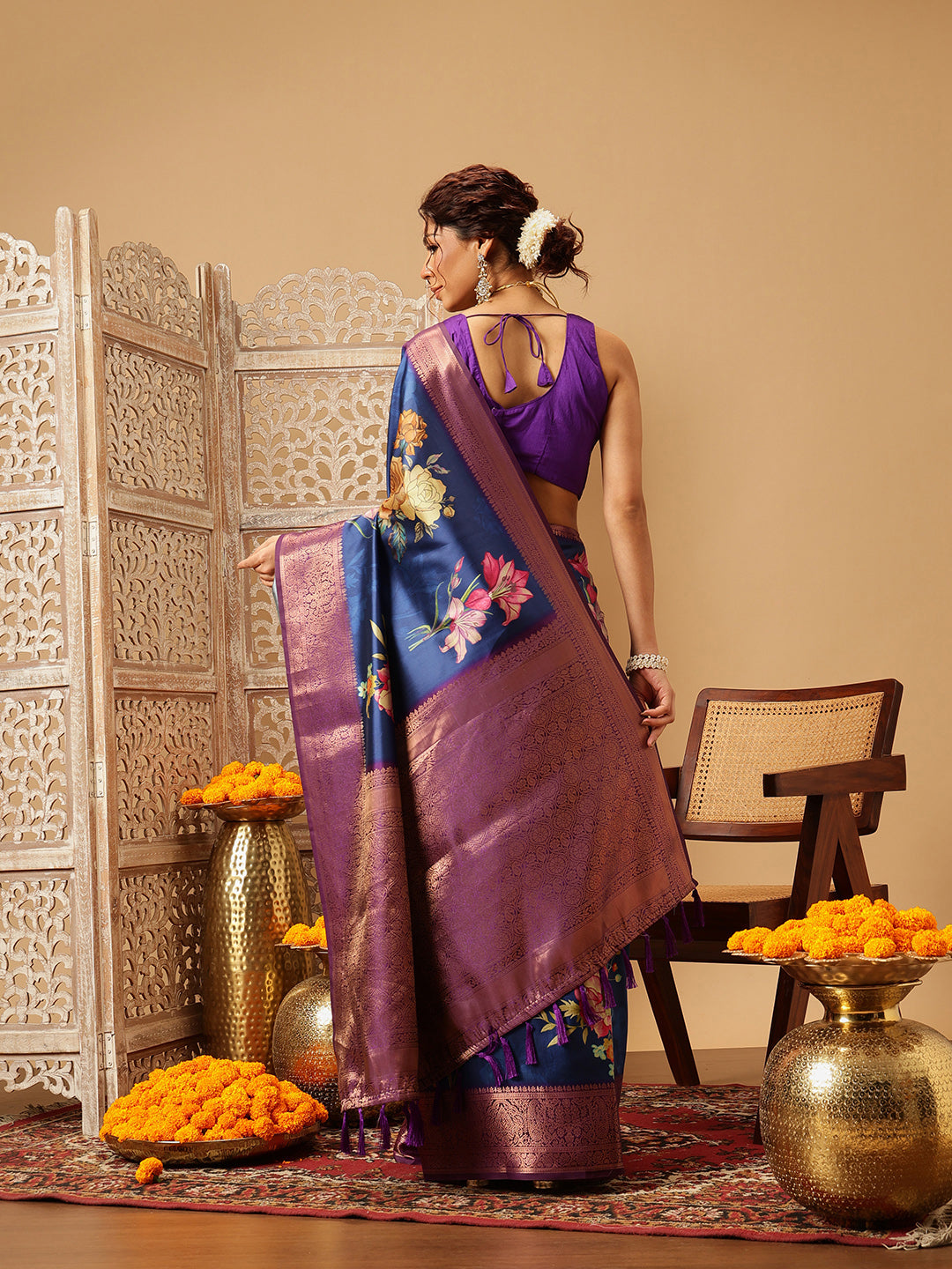 Royal Blue Zari Woven Banarasi Soft Silk Saree With Floral Digital Print