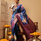 Royal Blue Zari Woven Banarasi Soft Silk Saree With Floral Digital Print