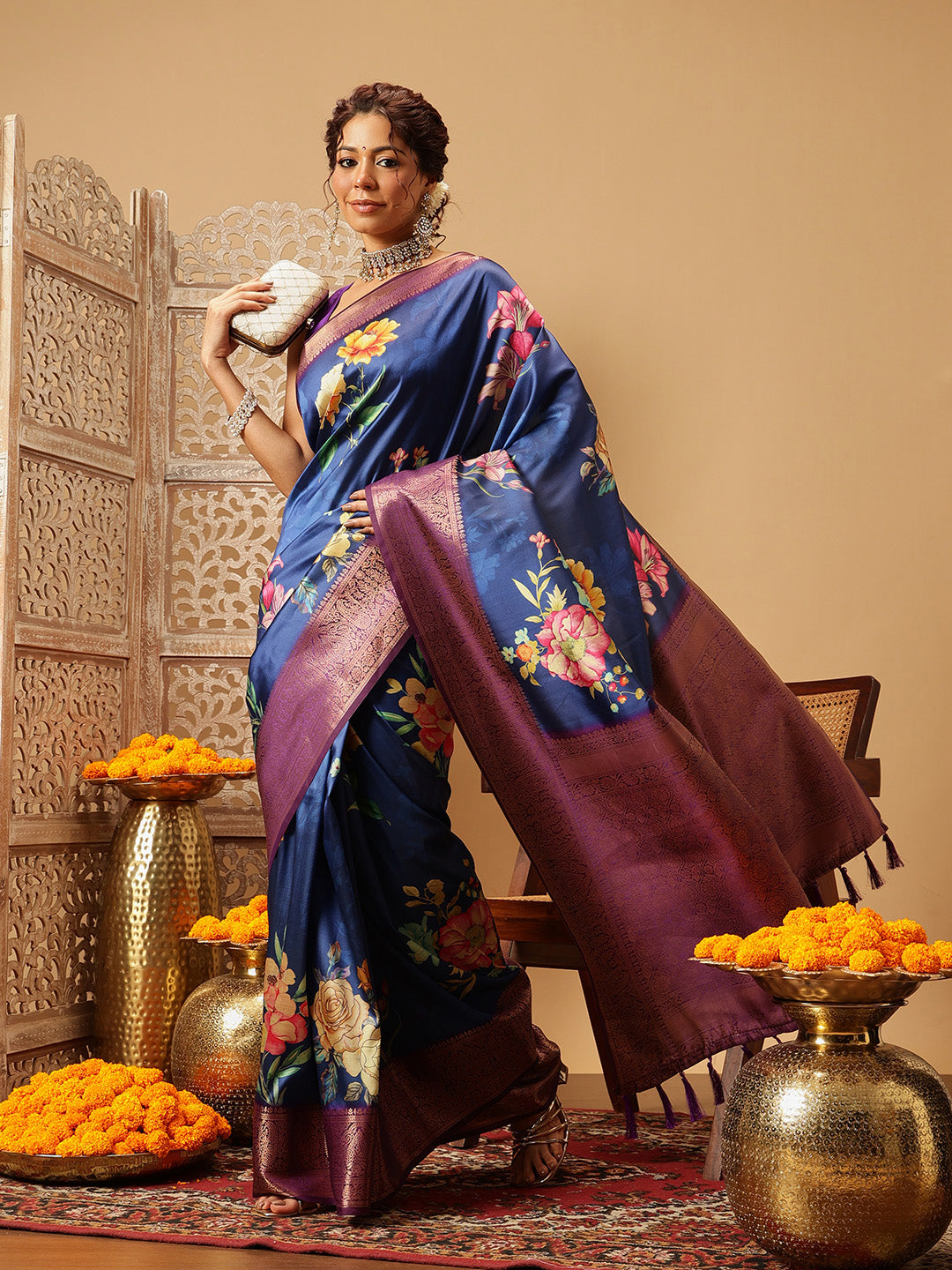 Royal Blue Zari Woven Banarasi Soft Silk Saree With Floral Digital Print