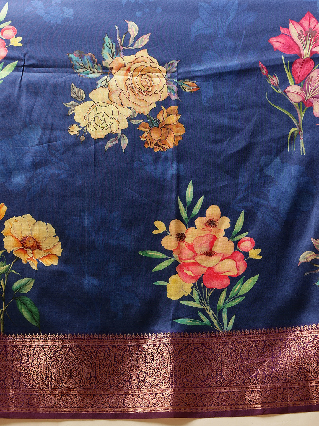 Royal Blue Zari Woven Banarasi Soft Silk Saree With Floral Digital Print