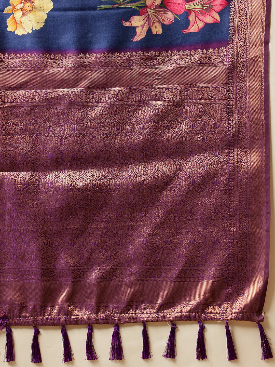 Royal Blue Zari Woven Banarasi Soft Silk Saree With Floral Digital Print