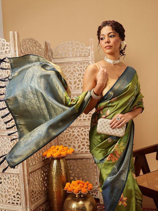Woven Banarasi Soft Silk Classic Green Saree With Floral Digital Print