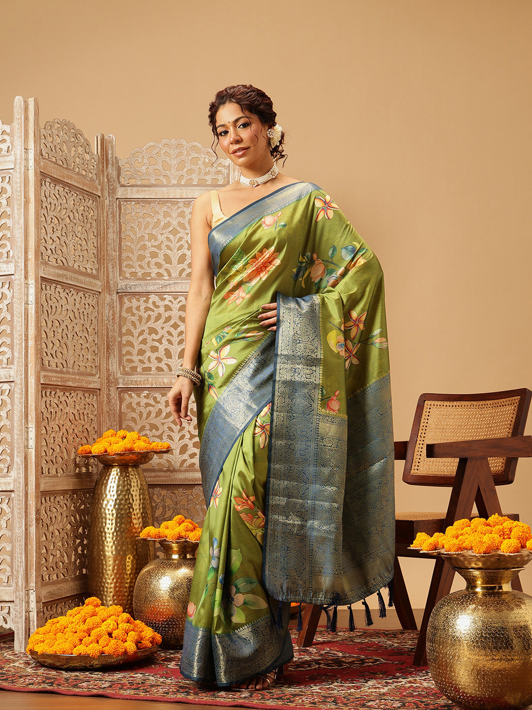 Woven Banarasi Soft Silk Classic Green Saree With Floral Digital Print