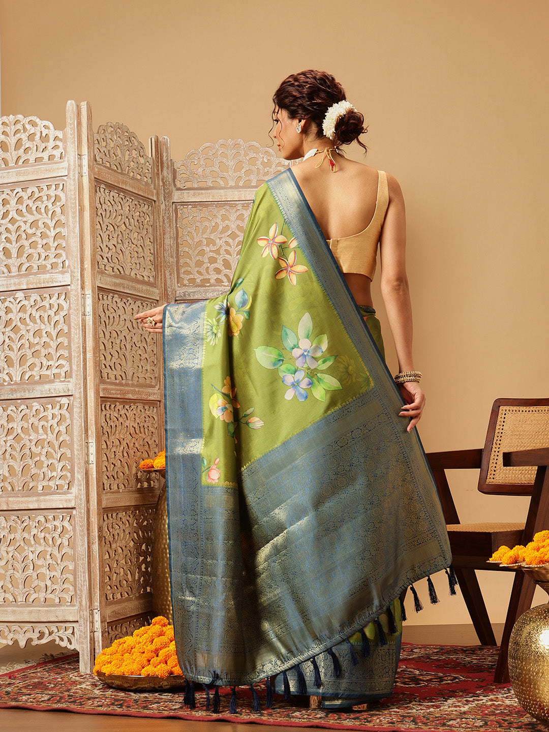 Woven Banarasi Soft Silk Classic Green Saree With Floral Digital Print
