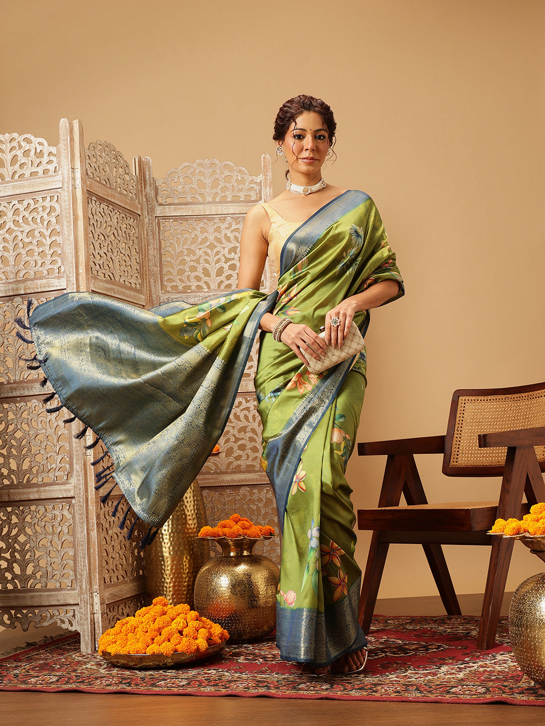 Woven Banarasi Soft Silk Classic Green Saree With Floral Digital Print