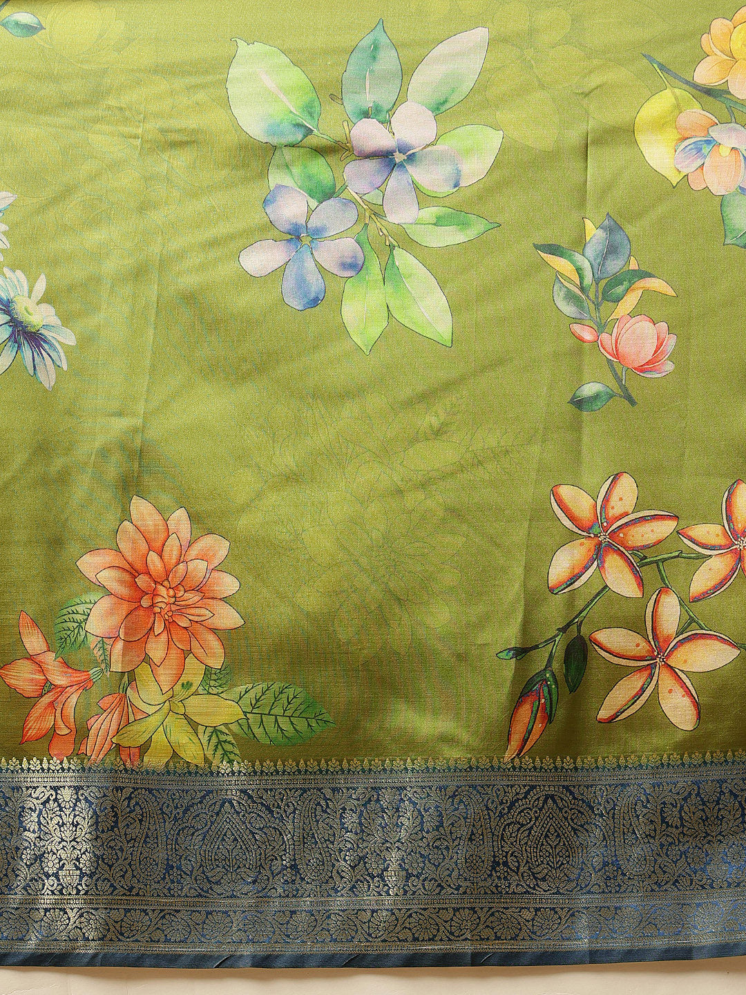 Woven Banarasi Soft Silk Classic Green Saree With Floral Digital Print
