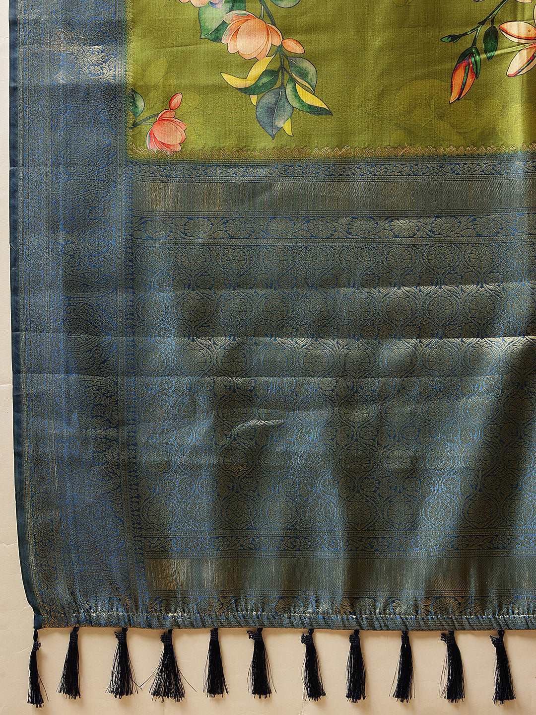 Woven Banarasi Soft Silk Classic Green Saree With Floral Digital Print