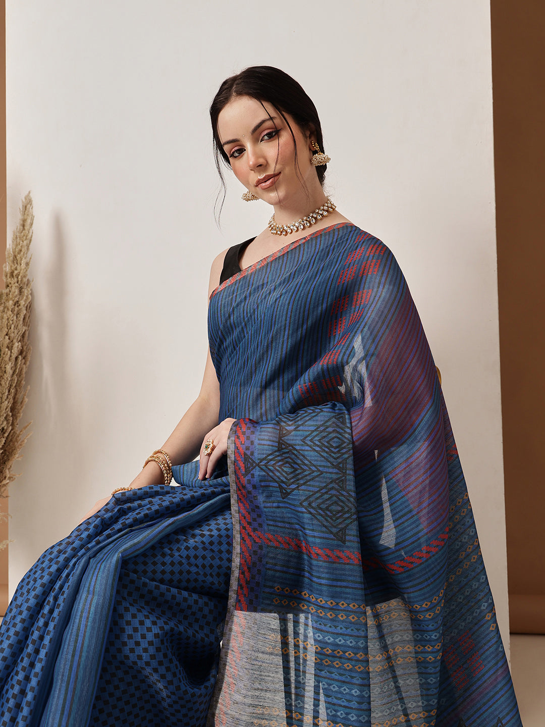 Digital Print Cotton Tissue Saree With Gold Zari Work