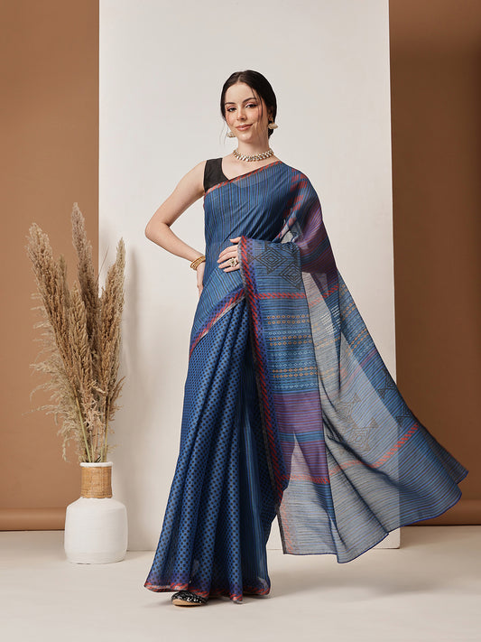 Digital Print Cotton Tissue Saree With Gold Zari Work