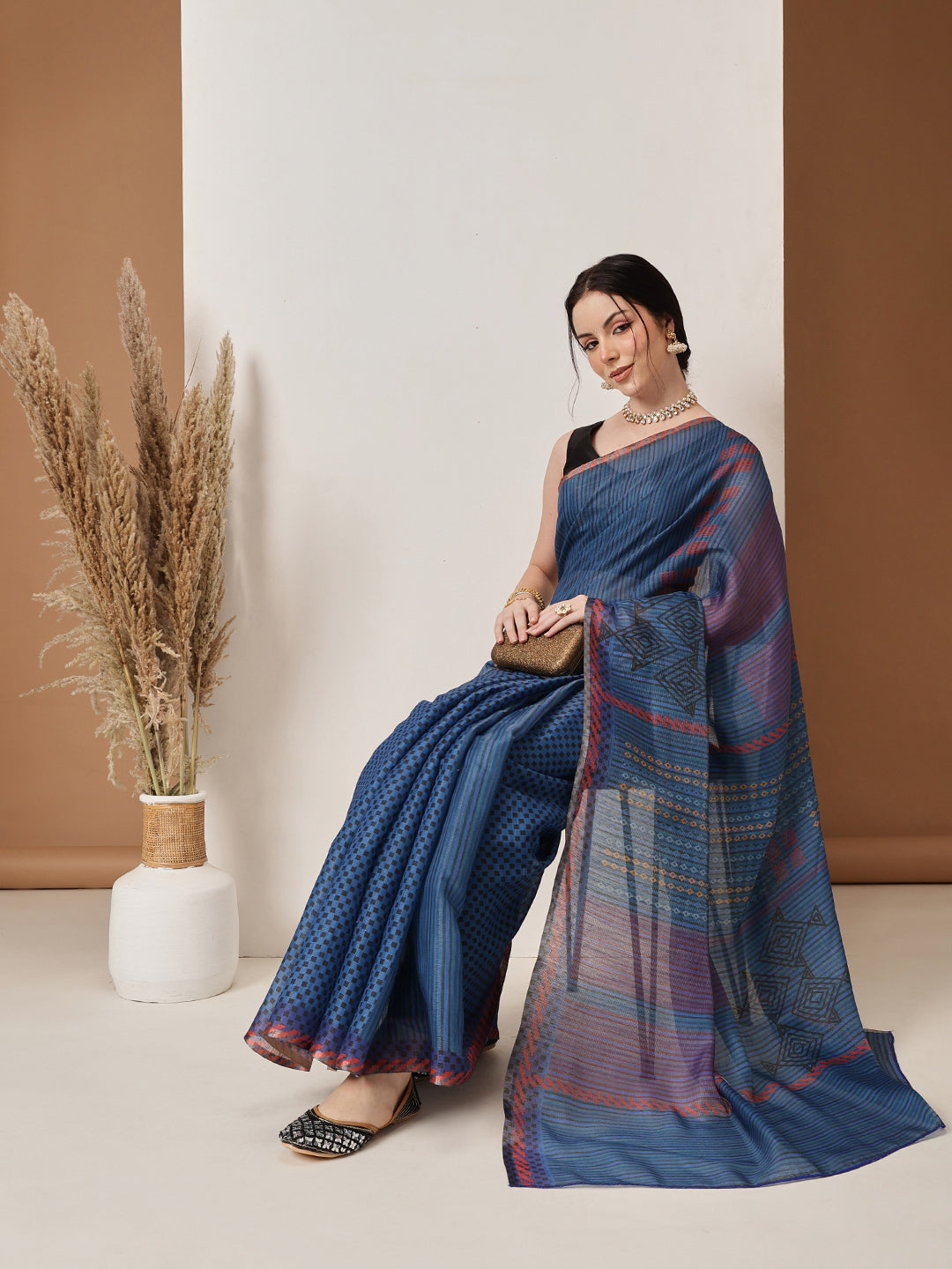 Digital Print Cotton Tissue Saree With Gold Zari Work