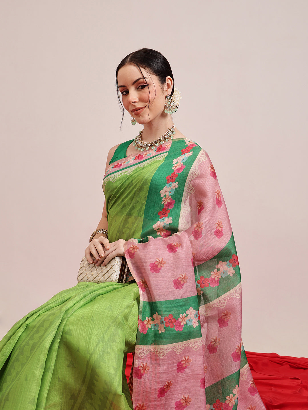 Digital Print Cotton Tissue Saree With Gold Zari Work