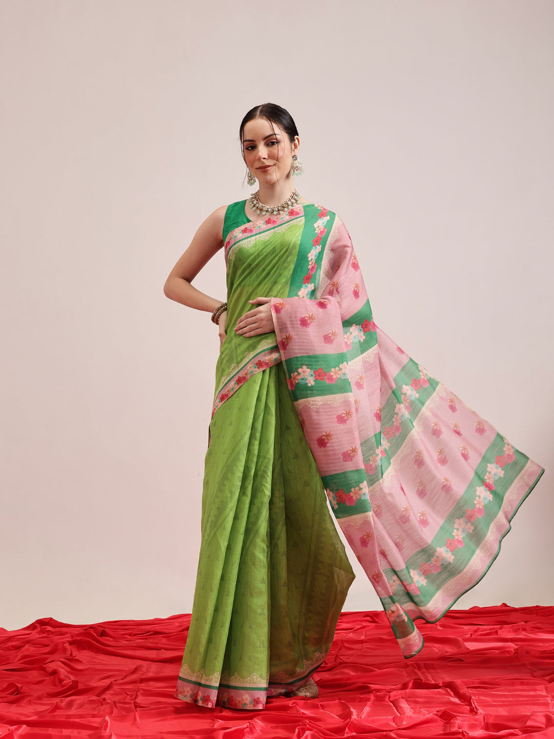 Digital Print Cotton Tissue Saree With Gold Zari Work