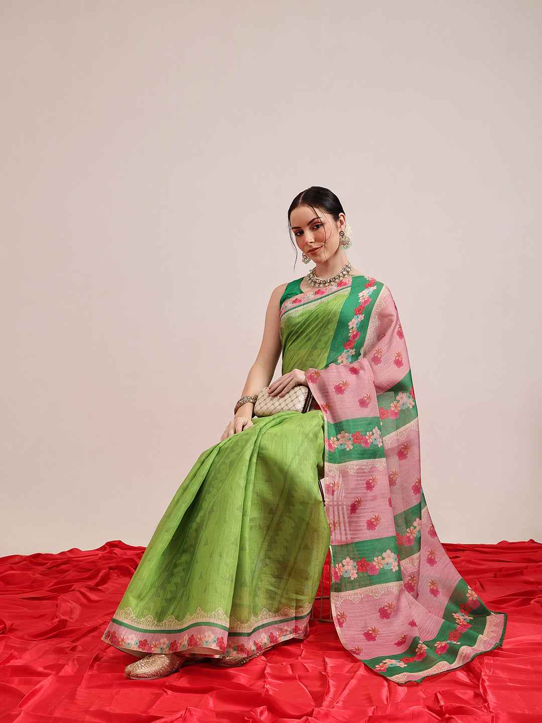 Digital Print Cotton Tissue Saree With Gold Zari Work