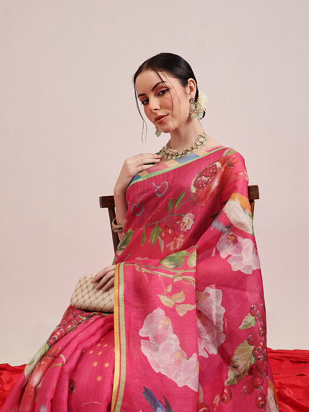 Fruits Printed Cotton Tissue Saree With Gold Zari Work