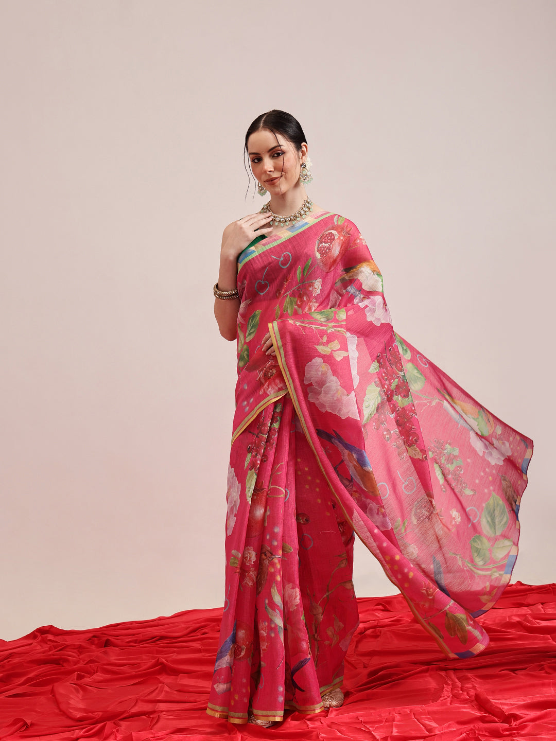 Fruits Printed Cotton Tissue Saree With Gold Zari Work