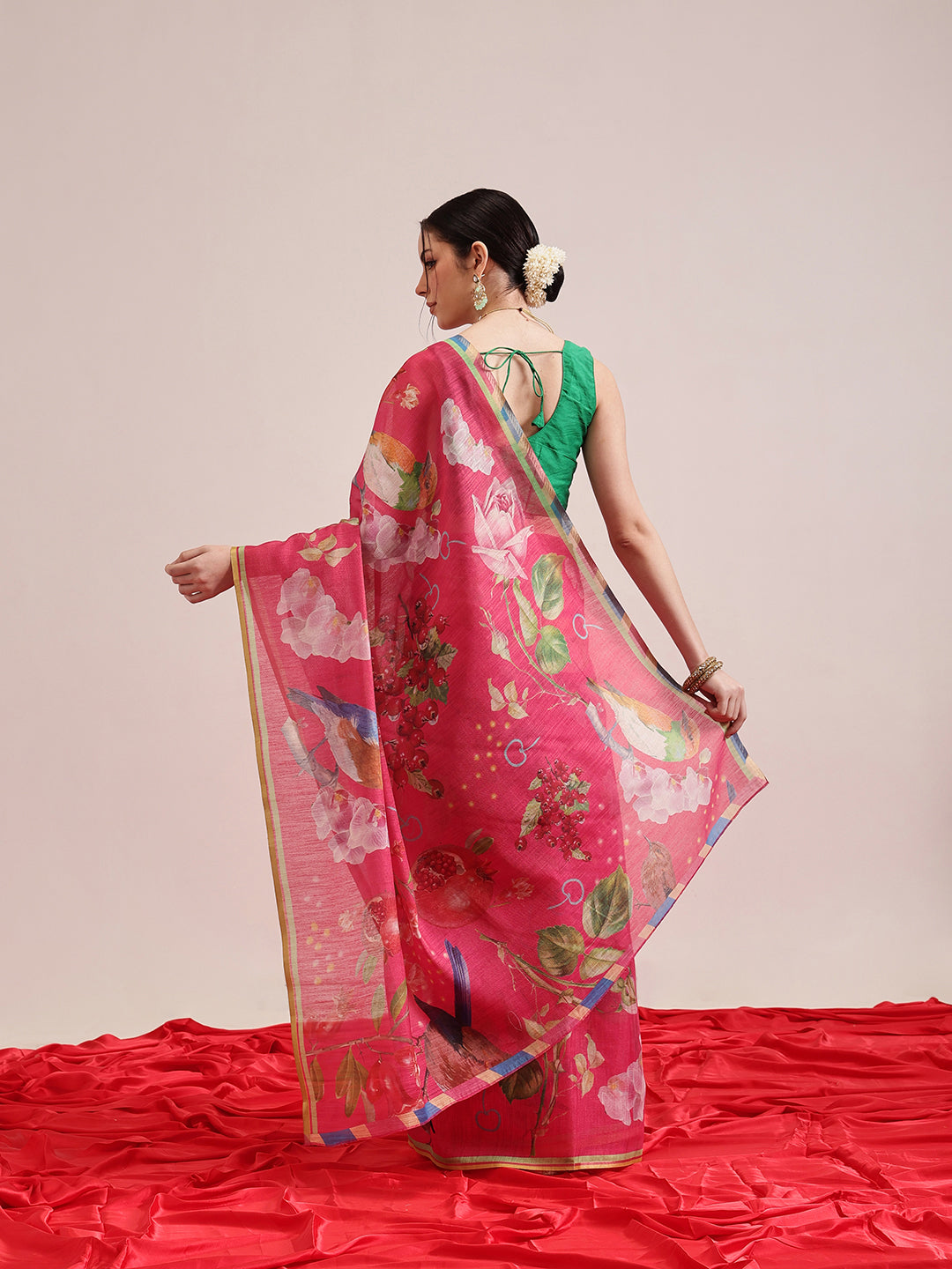 Fruits Printed Cotton Tissue Saree With Gold Zari Work