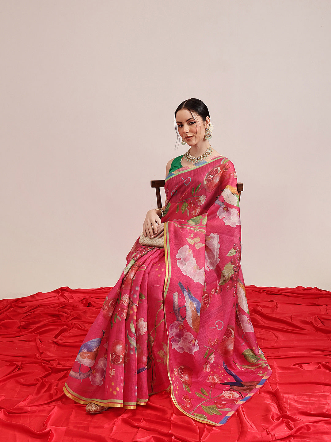 Fruits Printed Cotton Tissue Saree With Gold Zari Work