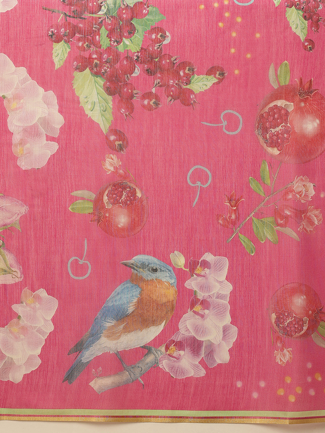 Fruits Printed Cotton Tissue Saree With Gold Zari Work