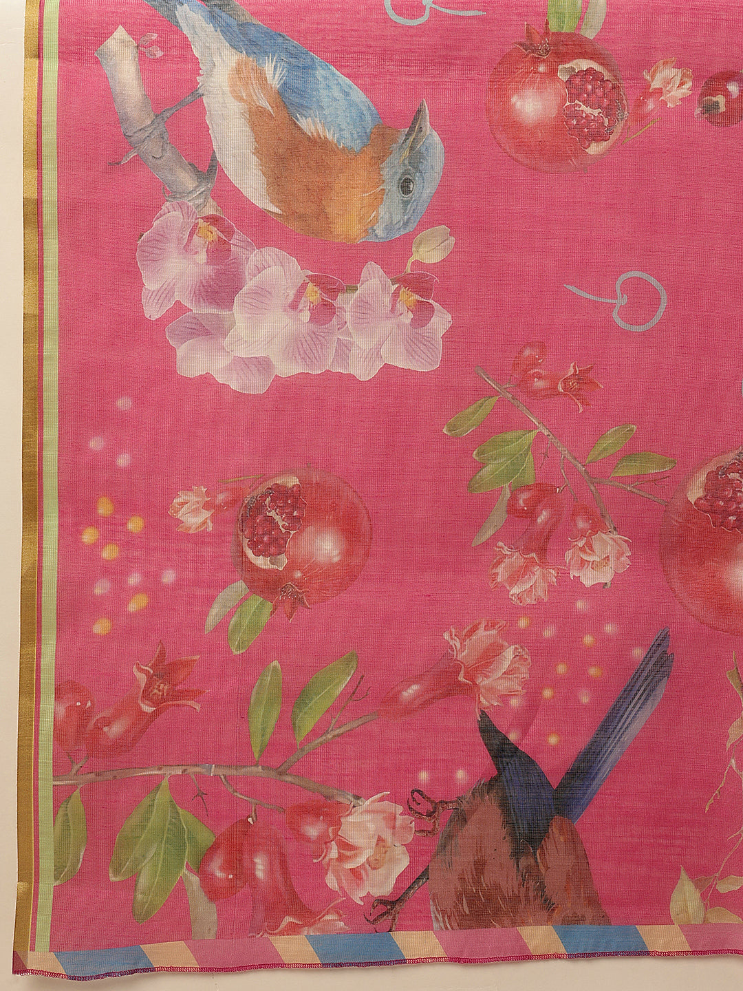 Fruits Printed Cotton Tissue Saree With Gold Zari Work