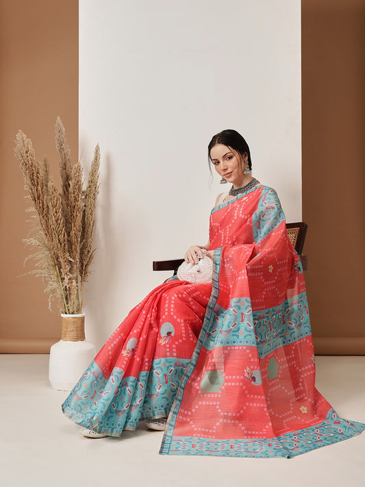 Fruits Printed Cotton Tissue Saree With Gold Zari Work