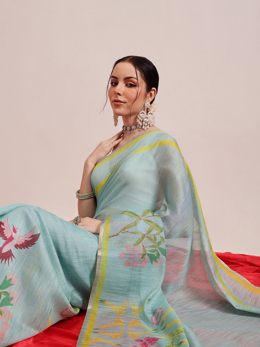 Digital Print Cotton Tissue Saree With Gold Zari Work