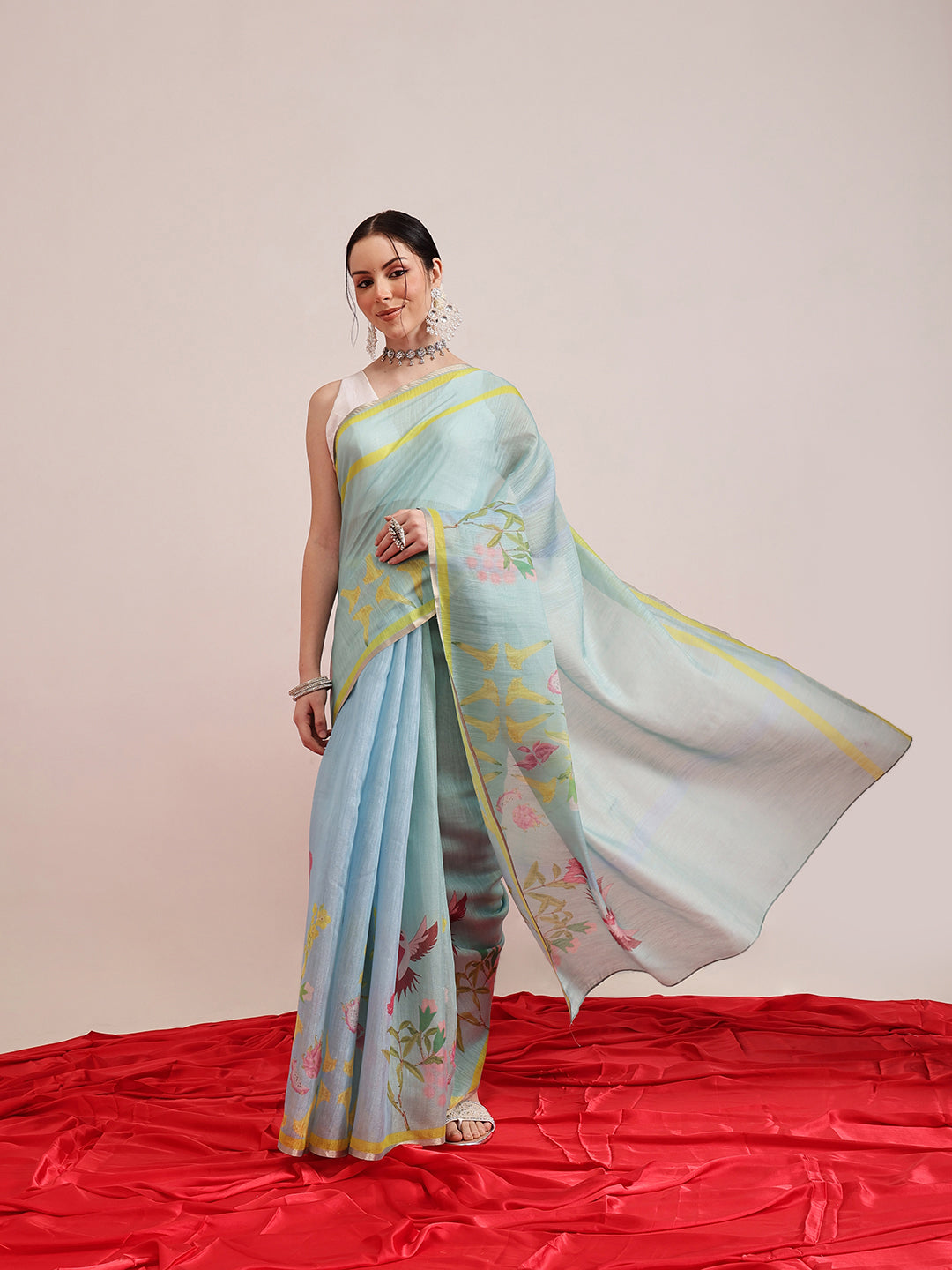 Digital Print Cotton Tissue Saree With Gold Zari Work