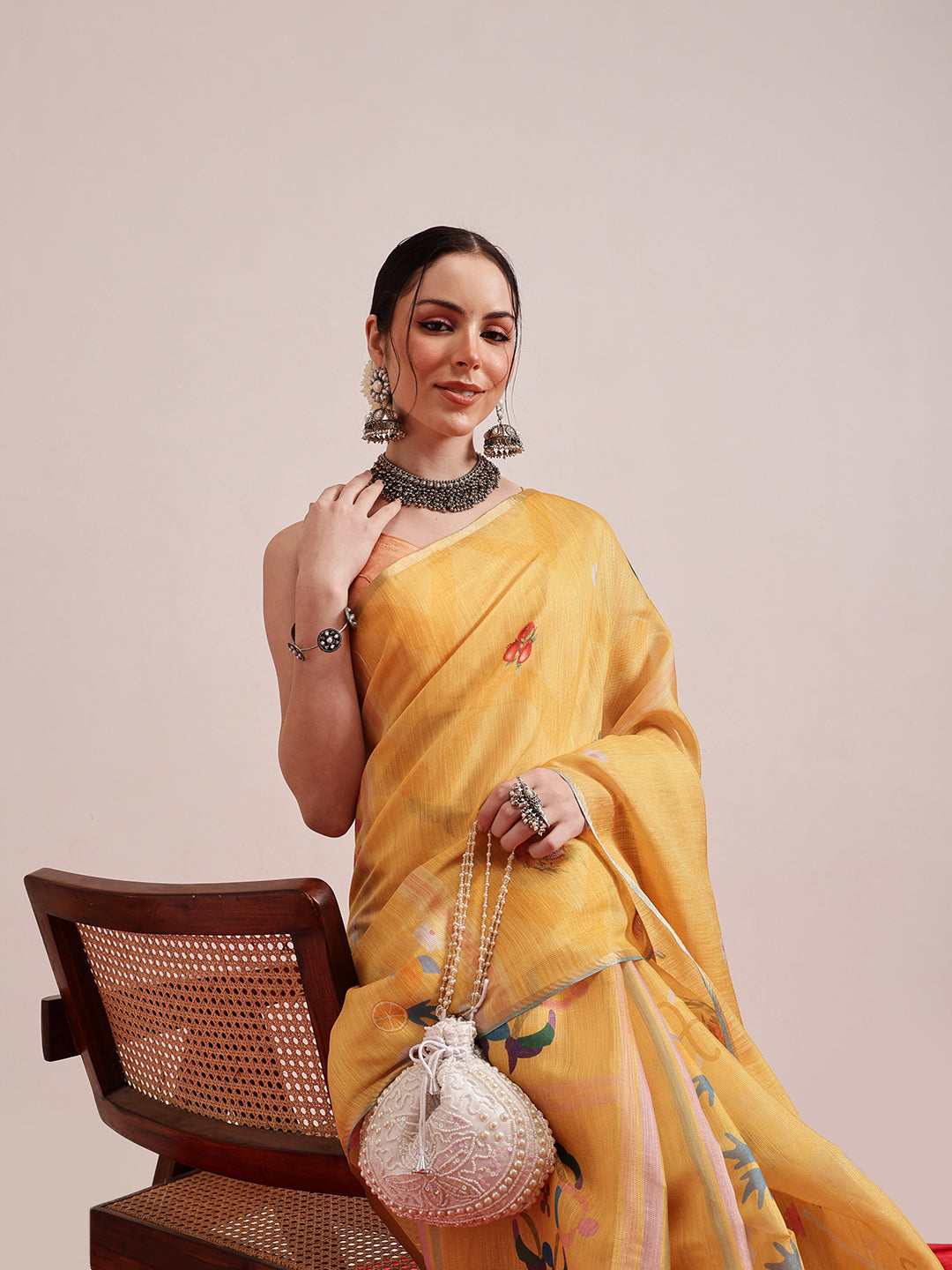 Fruits Printed Cotton Tissue Saree With Gold Zari Work