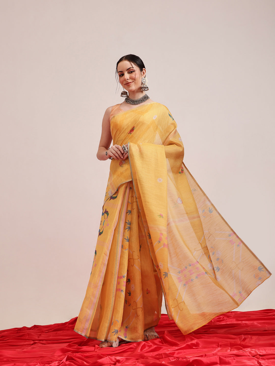 Fruits Printed Cotton Tissue Saree With Gold Zari Work